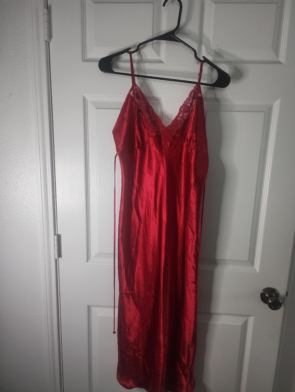 Expressions Red Satin Lace Chemise Slip with Spaghetti Straps